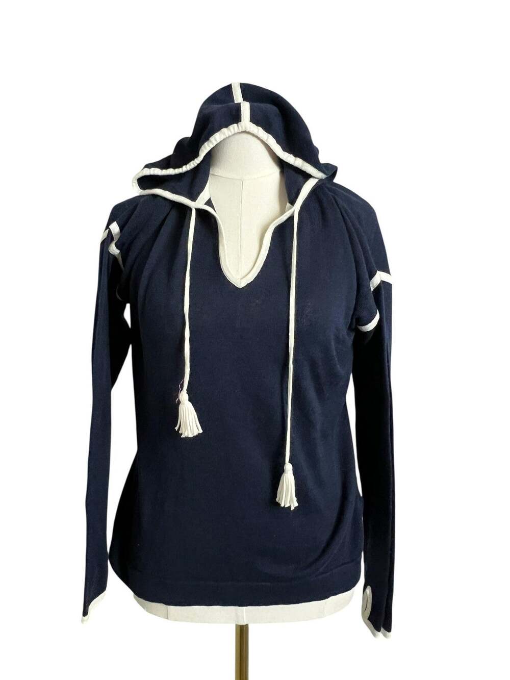 Caroline Grace Hooded Sweater Small Petite Blue Knit Top Cashmere Cotton Lounge